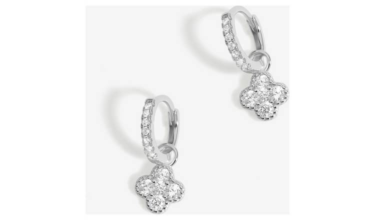 Simply Silver Cubic Zirconia Pave Clover Charm Hoop Earrings