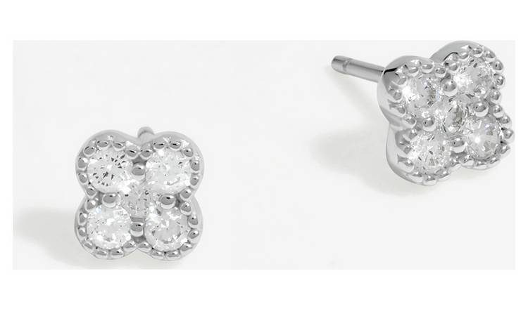 Simply Silver Cubic Zirconia Pave Clover Stud Earrings