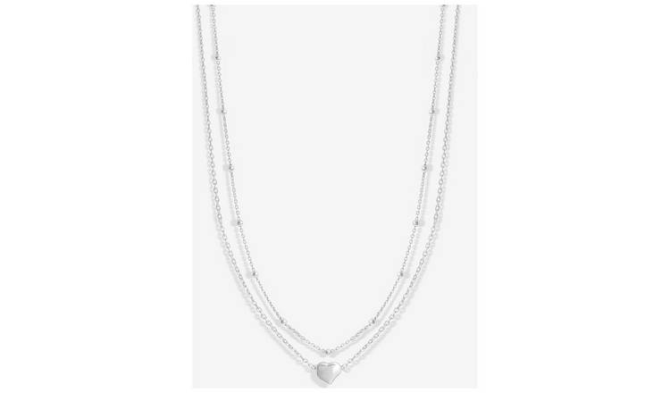 Simply Silver Double Row Station Heart Necklace