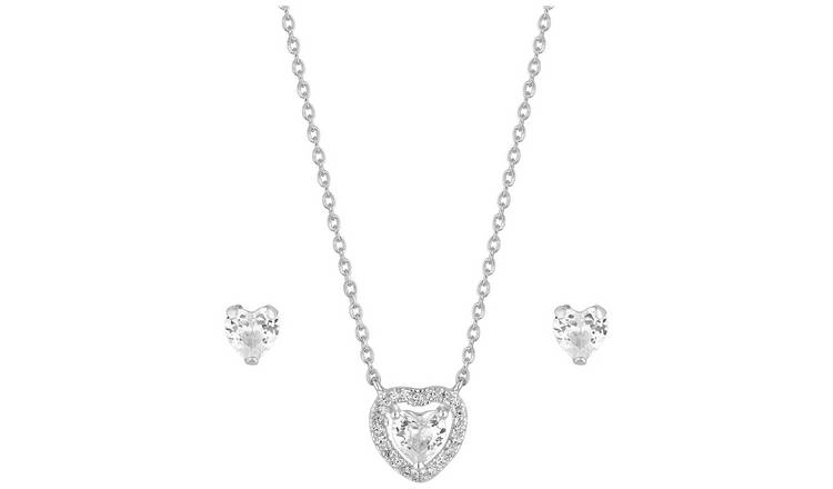 Simply Silver Halo Heart Pendant and Earring Set