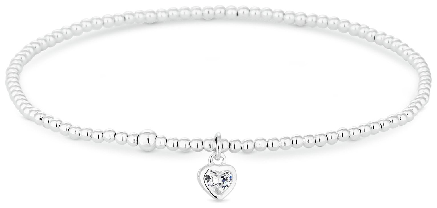 Simply Silver Sterling Silver Beaded Heart Stretch Bracelet