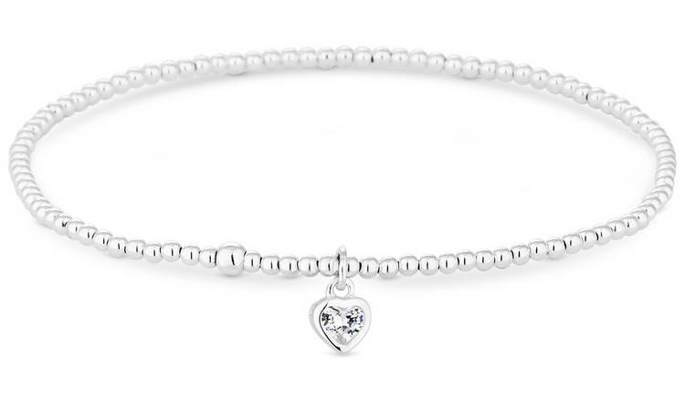 Simply Silver Sterling Silver Beaded Heart Stretch Bracelet 