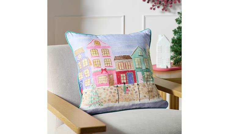 Argos Home Xmas Houses Scene Cushion - Blue - 43x43cm