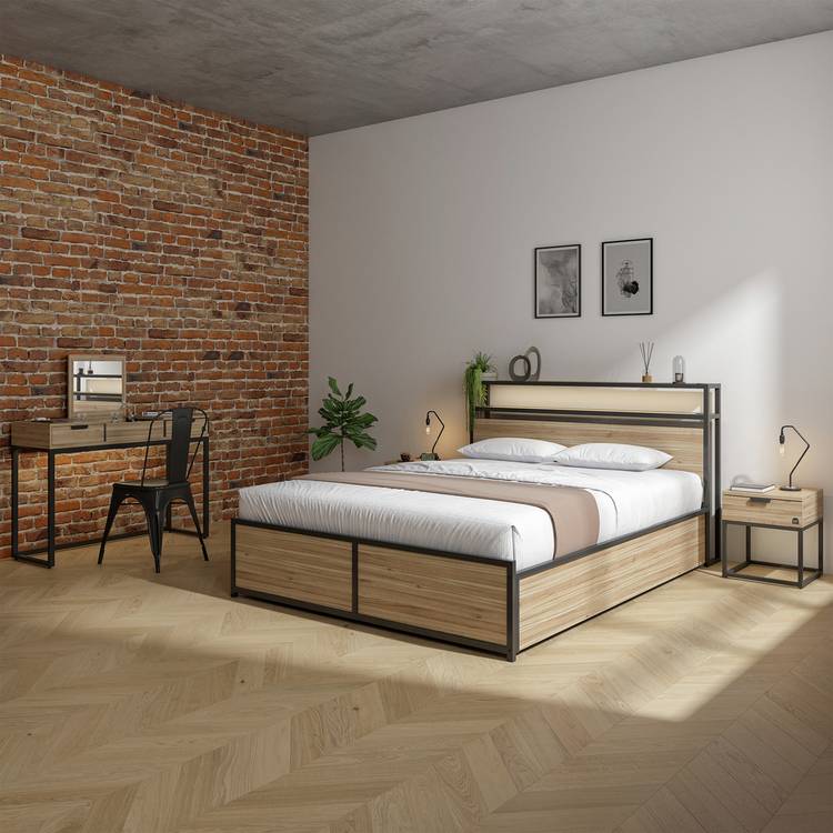 XR Living Denver Double Ottoman Bed with LED Lights - Oak 0