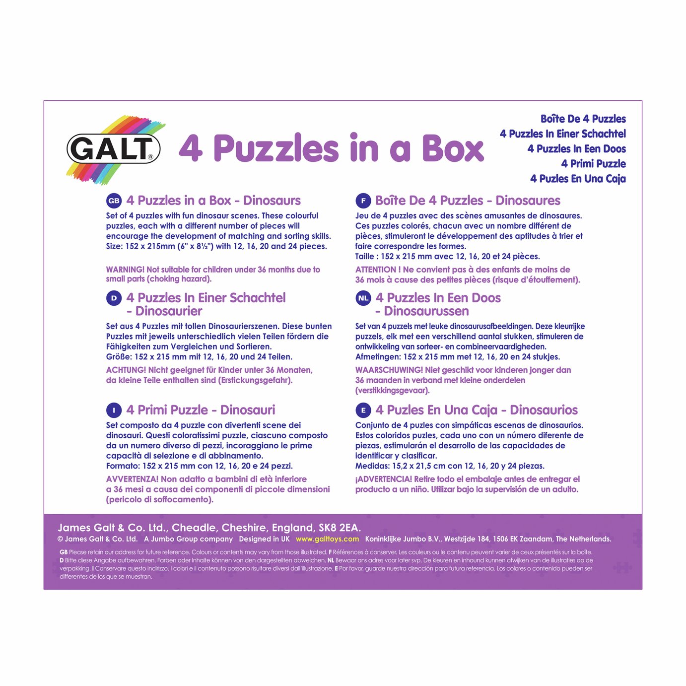 Galt Toys: 4 Puzzle Per Bambini Con Dinosauri, Da 12 A 24 Pezzi, Dai 3 Anni In Su
