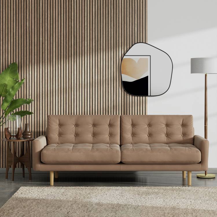 Habitat Fenner Velvet 3 Seater Sofa - Latte - Ash Leg 0