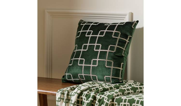 Habitat Geo Velvet Jacquard Cushion - Green - 43x43cm