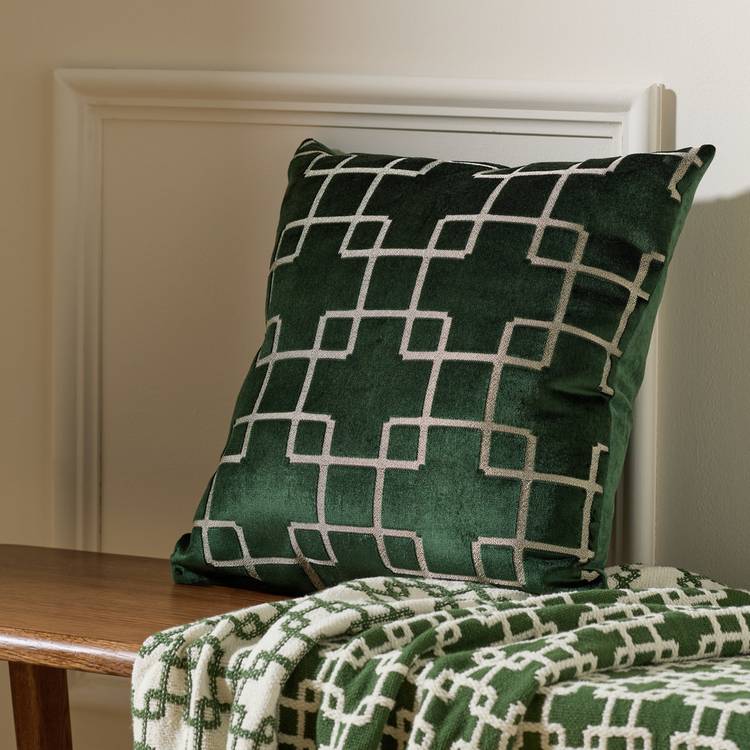 Habitat Geo Velvet Jacquard Cushion - Green - 43x43cm 0
