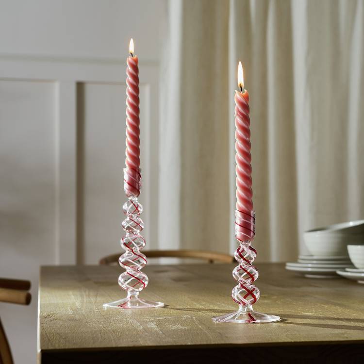 Habitat Swirled Glass Small Candle Stick - Red & Pink 0