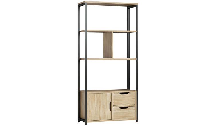 HOMCOM 4-Tier Industrial Bookshelf with Drawers - Natural Wood
