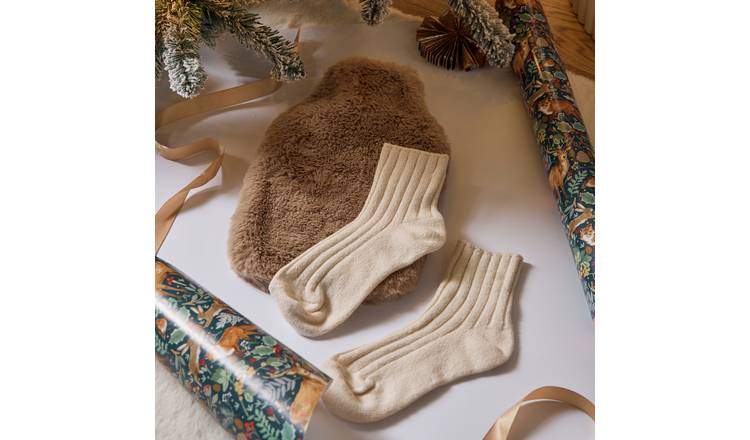 Habitat Brown Faux Fur Cover Hot Water Bottle With Socks