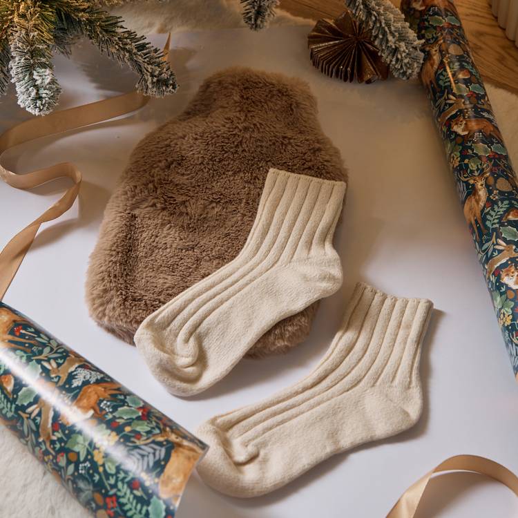 Habitat Brown Faux Fur Cover Hot Water Bottle With Socks 0