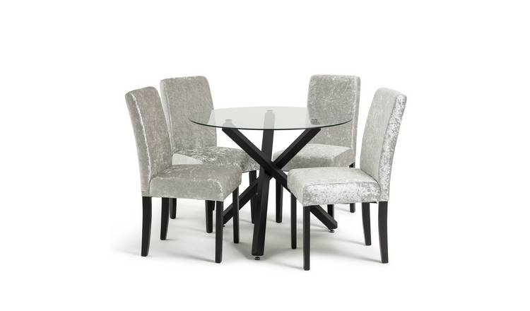 Argos Home Ava Glass Dining Table & 4 Velvet Chairs - Silver