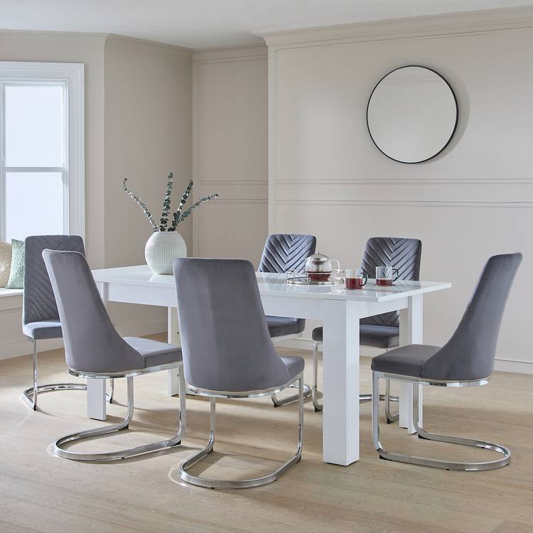 Argos Home Miami Extending White Dining Table &6 Grey Chairs 0