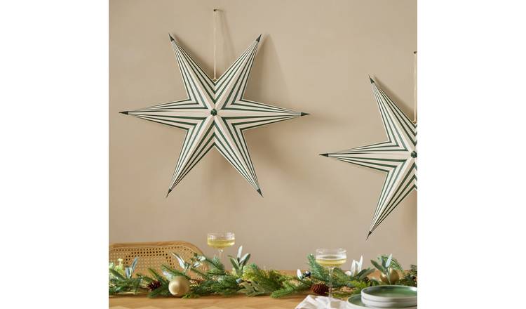 Habitat Green Stripe Paper Star Christmas Hanging Decoration