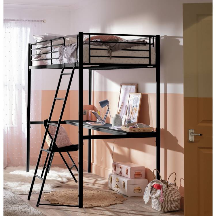 Habitat Riley High Sleeper Metal Bed Frame & Desk-Black 0