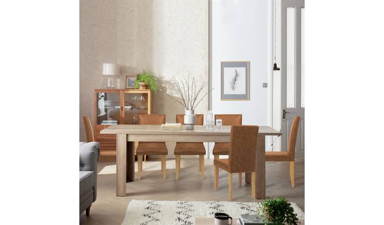 Argos Home Preston Extending Oak Dining Table & 6 Tan Chairs