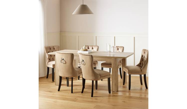 Argos Home Preston Extend Oak Dining Table & 6 Taupe Chairs