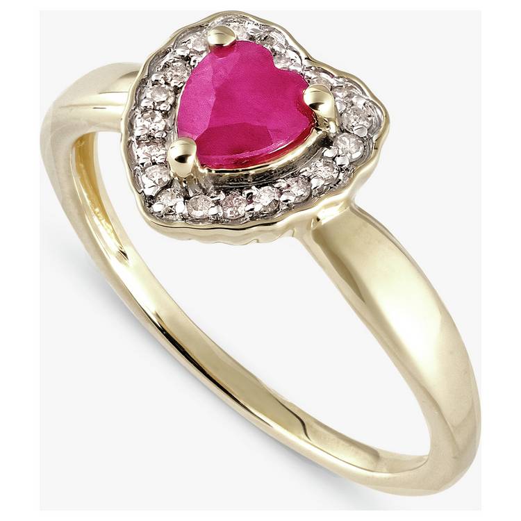 Revere 9ct Yellow Gold Ruby and Diamond Heart Ring - M 0