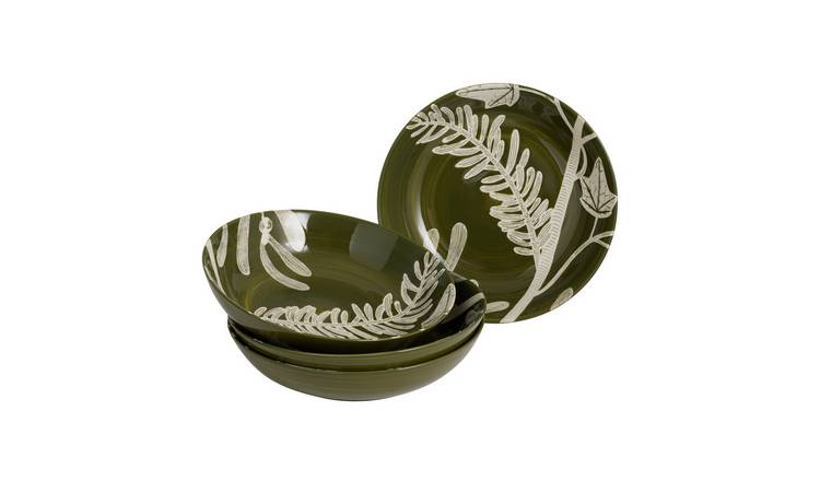 Habitat Floral 4 Piece Stoneware Pasta Bowls - Green