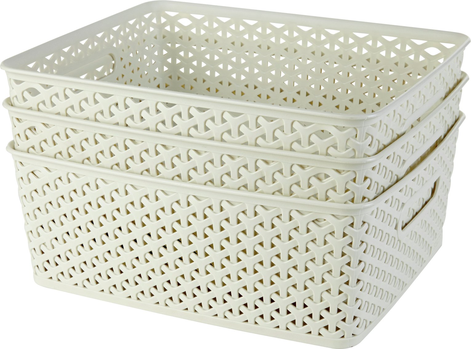 white plastic storage baskets