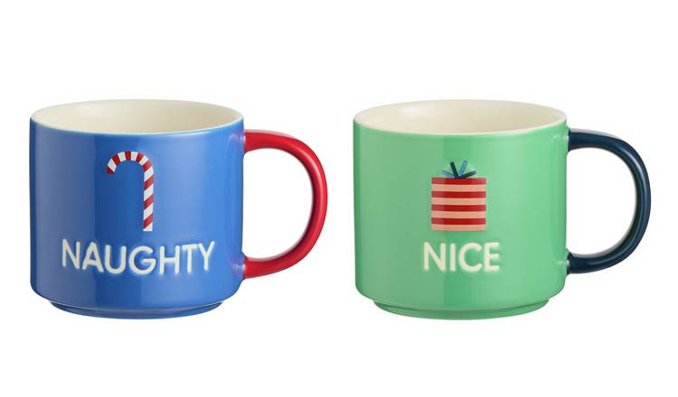 Habitat Naughty N Nice Set of 2 Mugs - Blue & Green