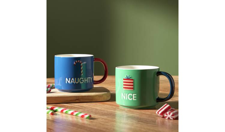 Habitat Naughty N Nice Set of 2 Mugs - Blue & Green