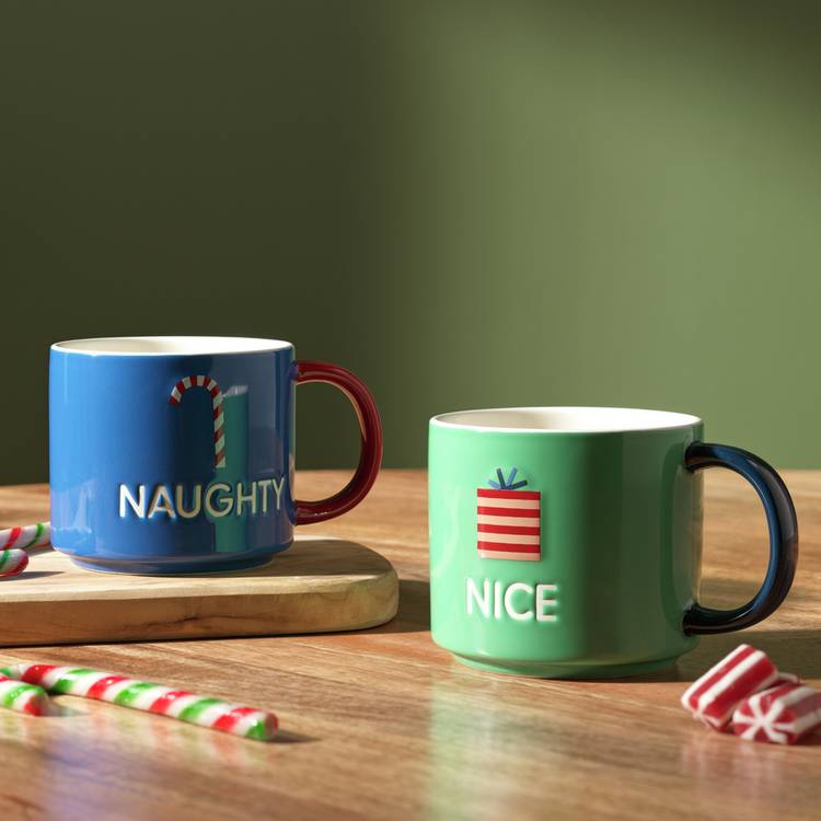 Habitat Naughty N Nice Set of 2 Mugs - Blue & Green 0