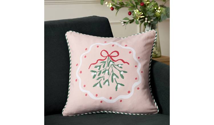 Argos Home Bows Mistletoe Printed Cushion - Pink - 43x43cm