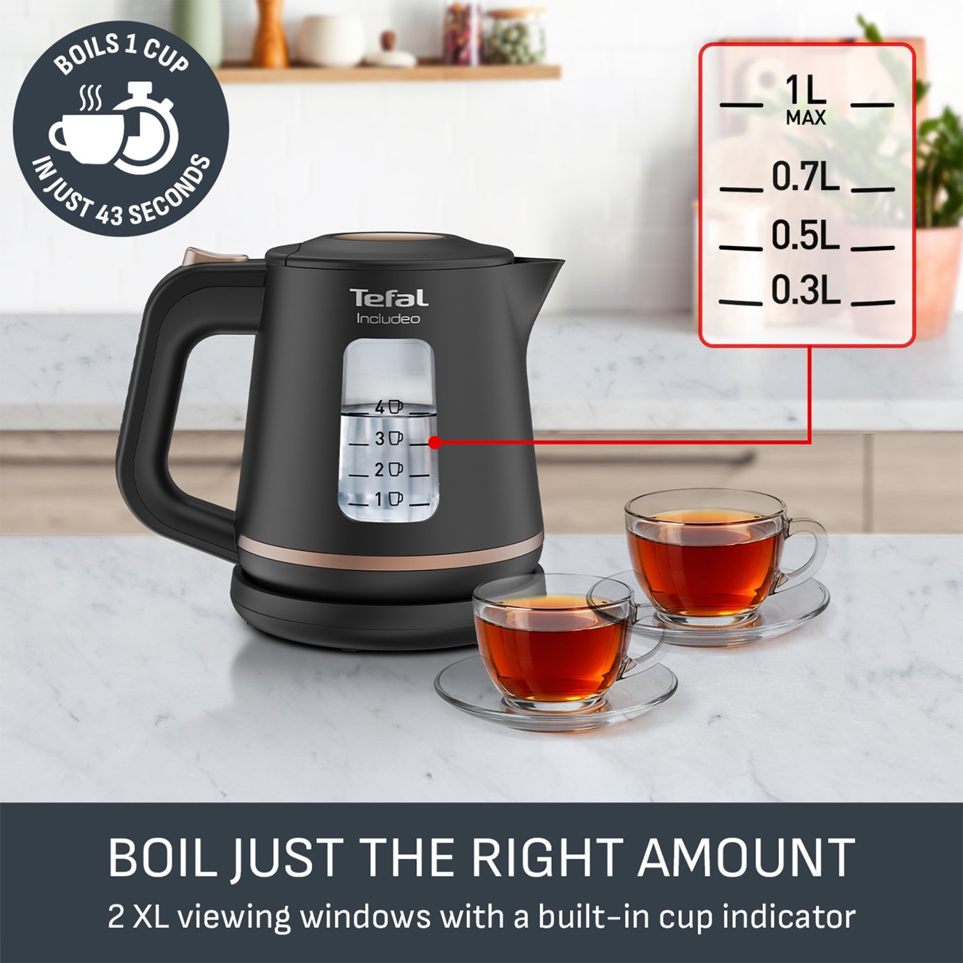 Tefal Includeo Bollitore Elettrico 1L – KI5338, Design Ergonomico, Coperchio A Pressione, Filtro Anticalcare, Base 360°, Colore Nero