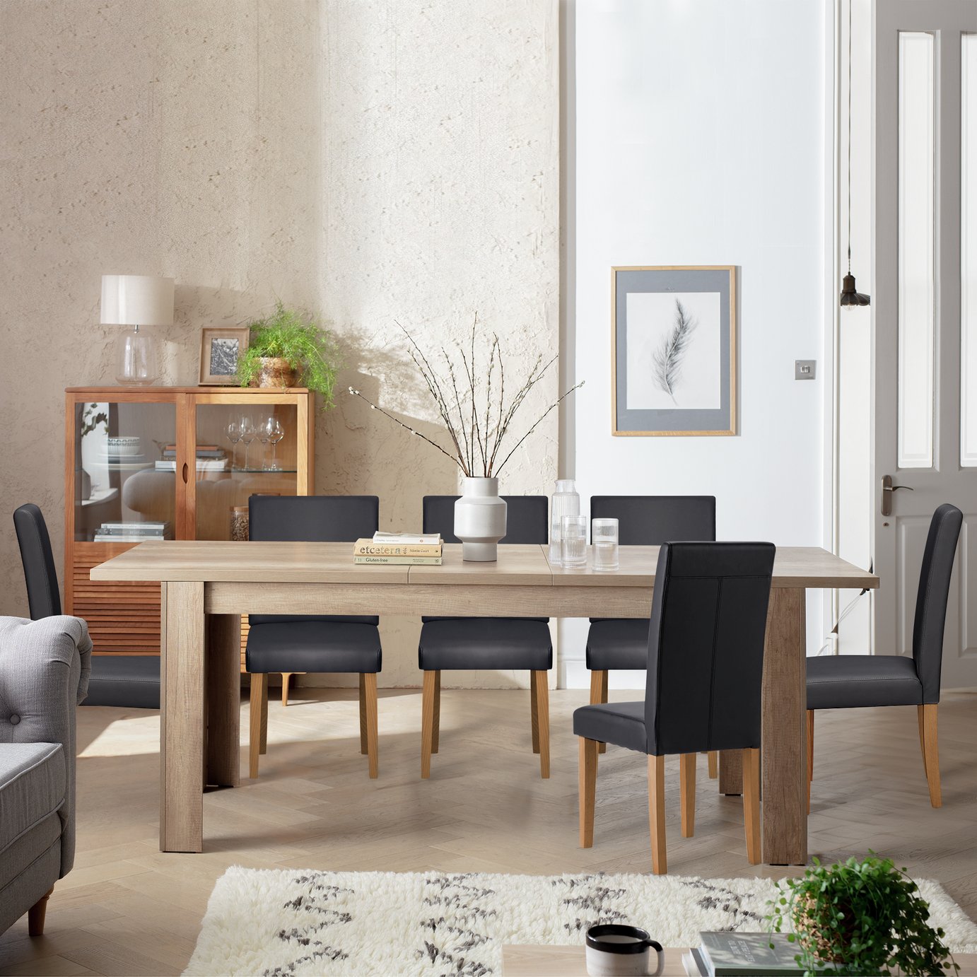Argos Home Preston Extend Oak Dining Table & 6 Black Chairs