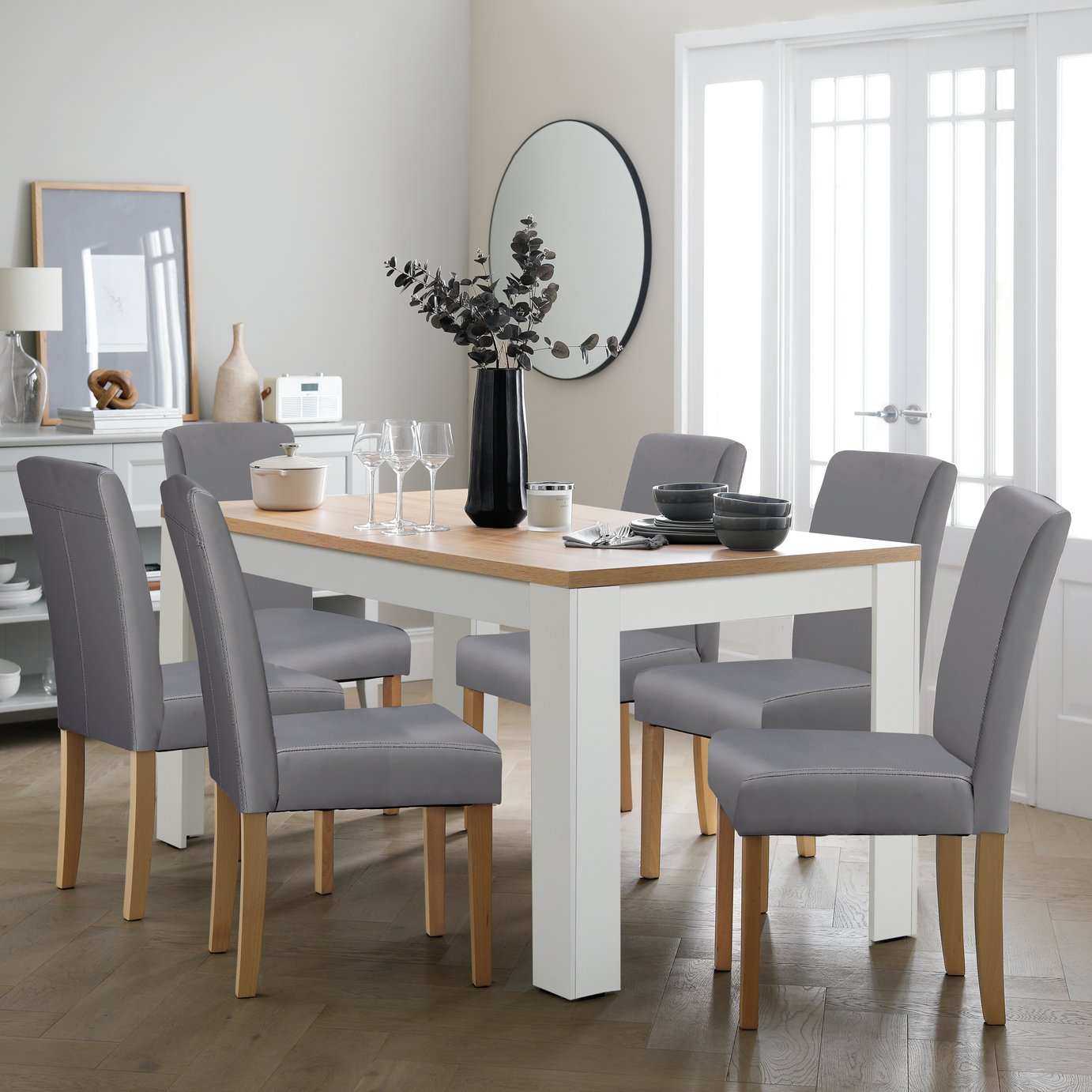 Argos Home Preston Extend Oak Dining Table & 6 Grey Chairs