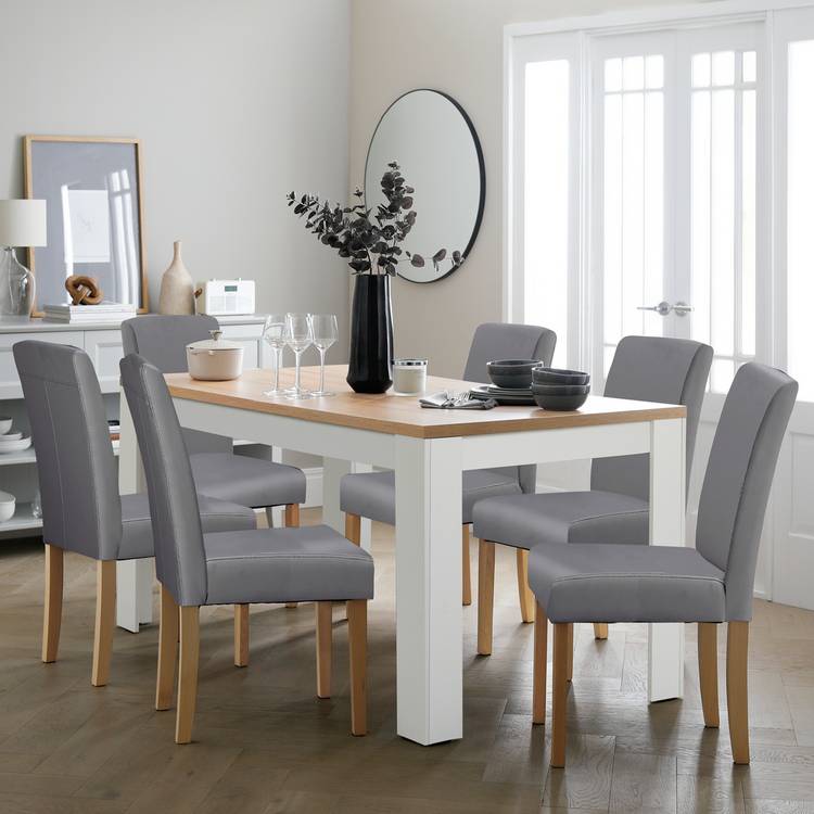 Argos Home Preston Extend Oak Dining Table & 6 Grey Chairs 0