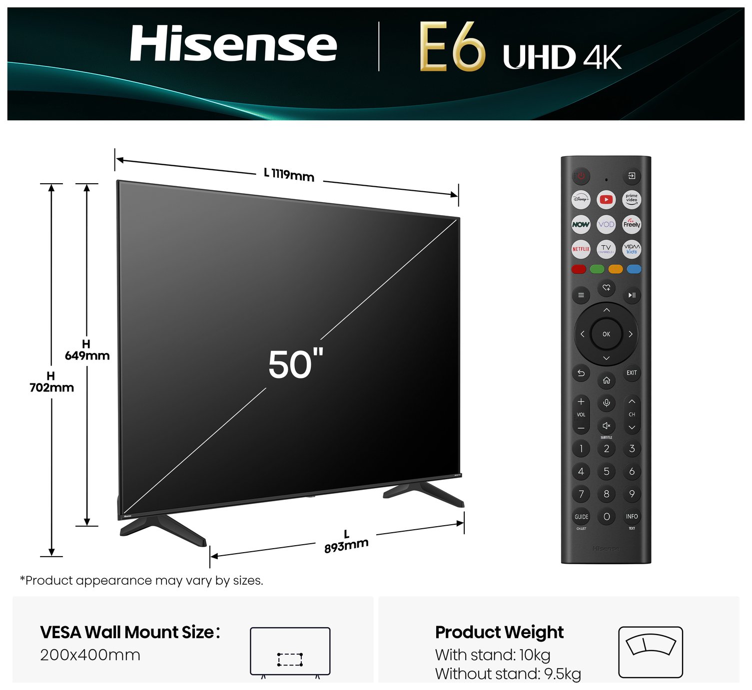 Buy Hisense 50 Inch 50E6QTUK Smart 4K UHD HDR LED Freely TV