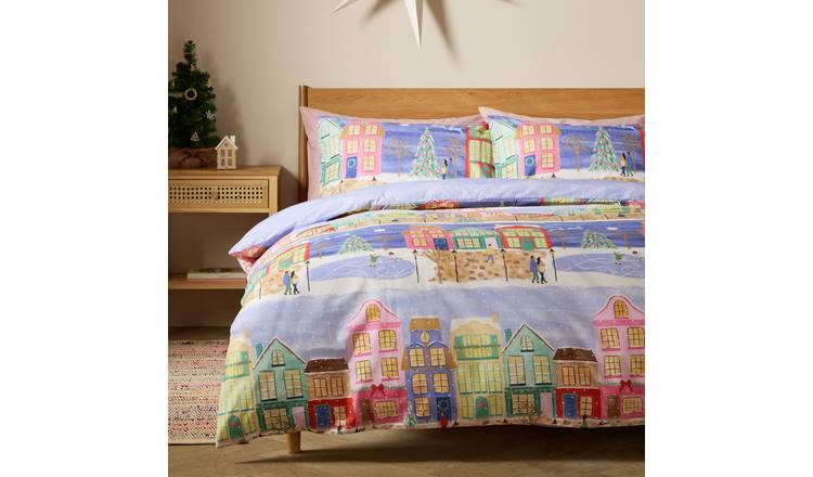 Argos Home Cotton Christmas Houses Blue Bedding Set - Single