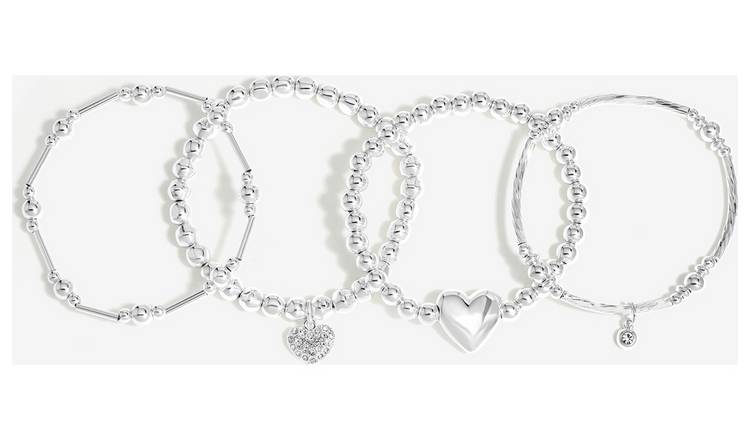 Lipsy Silver Polished Ball Heart Charm Stretch Bracelets