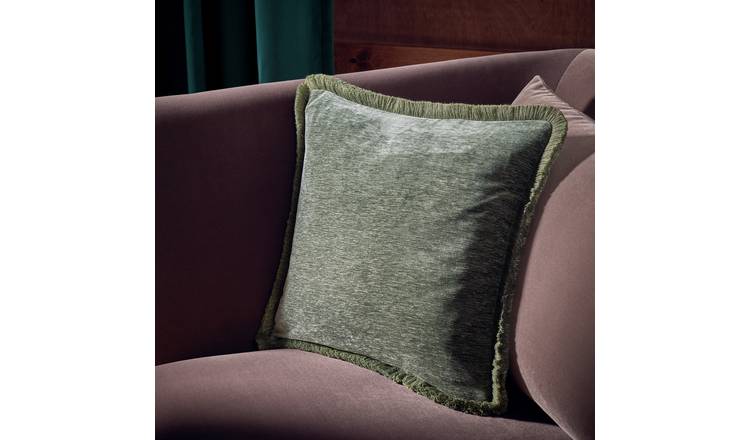 Habitat Chenille Fringe Cushion - Green - 43x43cm