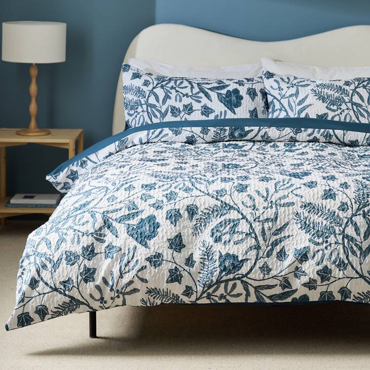 Habitat Foliage Heatset White & Blue Bedding Set - Single 0