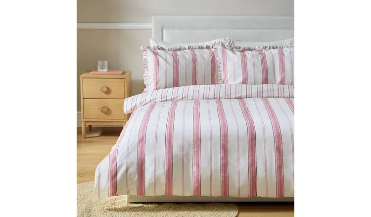 Habitat Stripe Frill White & Pink Bedding Set - Single