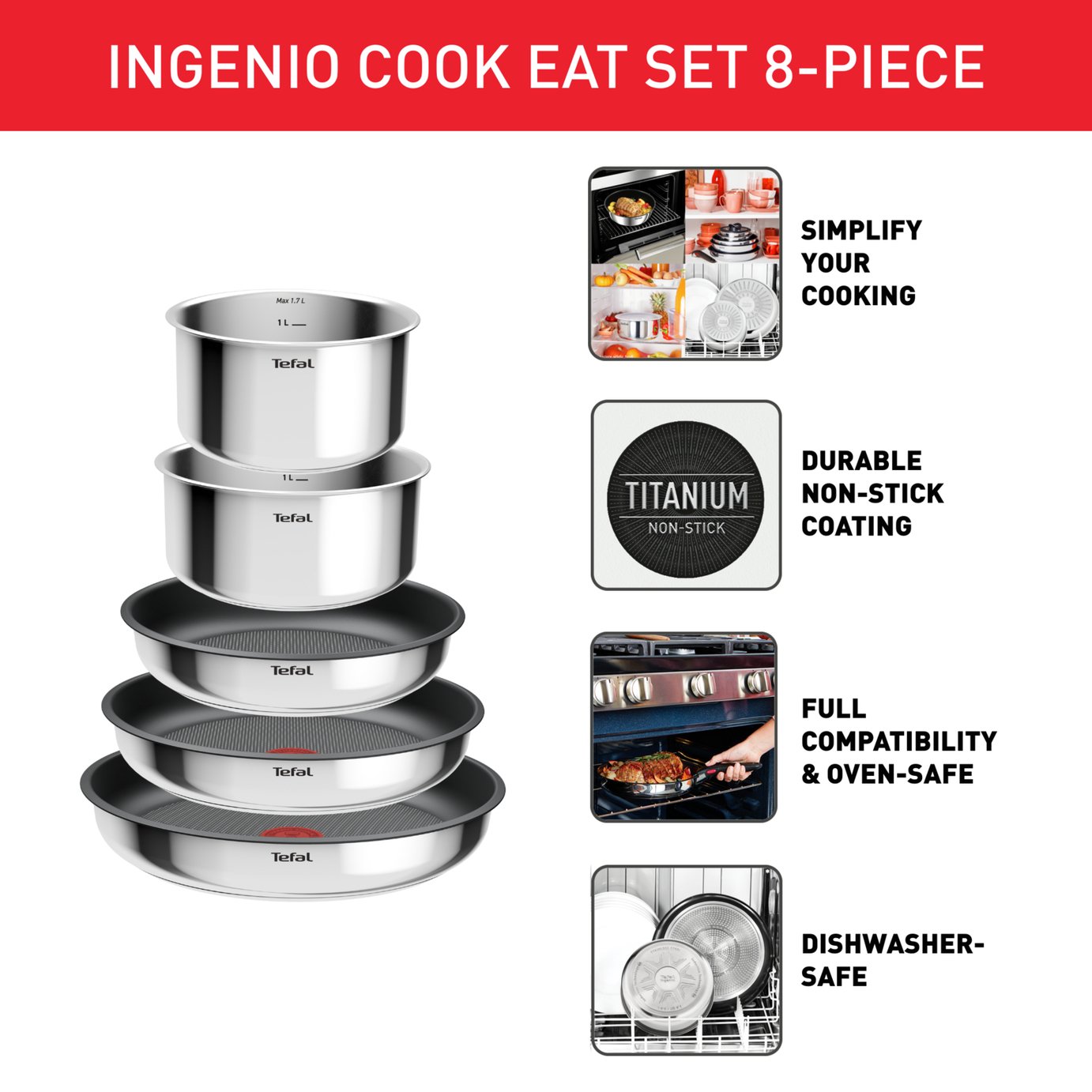 Buy Tefal Ingenio 8 Piece Stainless Steel Cookware Set | Pan sets