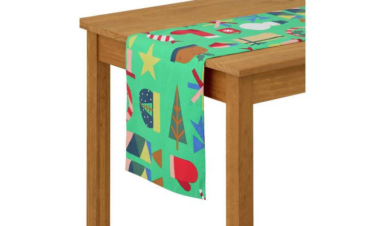 Habitat Festive Icons & Stripe Reversible Table Runner-Green