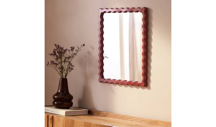 Habitat Red Wood Lacquered Wavy Wall Mirror - 48x40cm