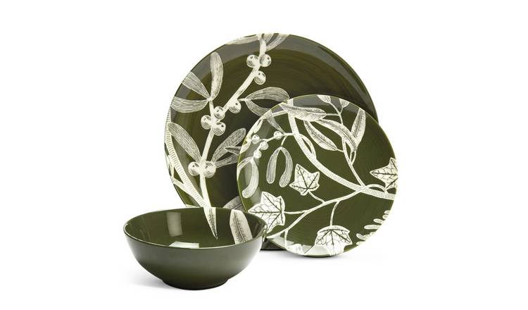 Habitat Floral 12 Piece Stoneware Dinner Set - Green