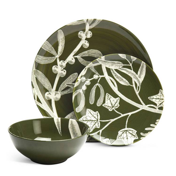 Habitat Floral 12 Piece Stoneware Dinner Set - Green 0