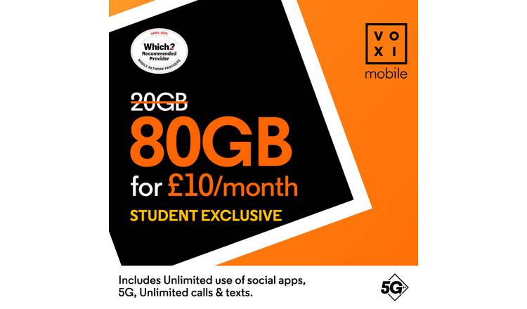 VOXI Student 80GB 30 Day Pay As You Go SIM Card