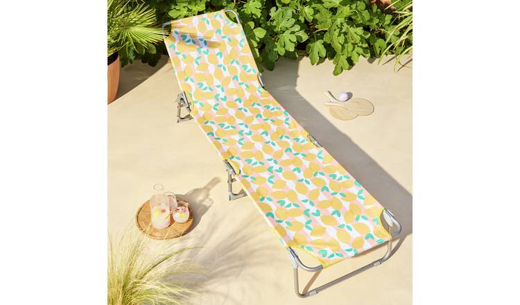 Argos Home Lemon Print Folding Metal Sunlounger- Yellow