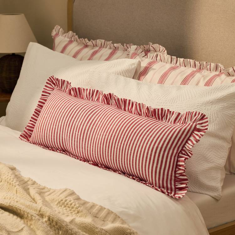 Habitat Long Stripe Ruffle Cushion - Red - 80x30cm 0