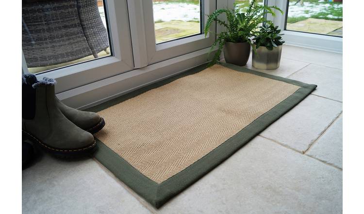 Mighty Mats Cotton Bordered Natural & Green Doormat -57x90cm