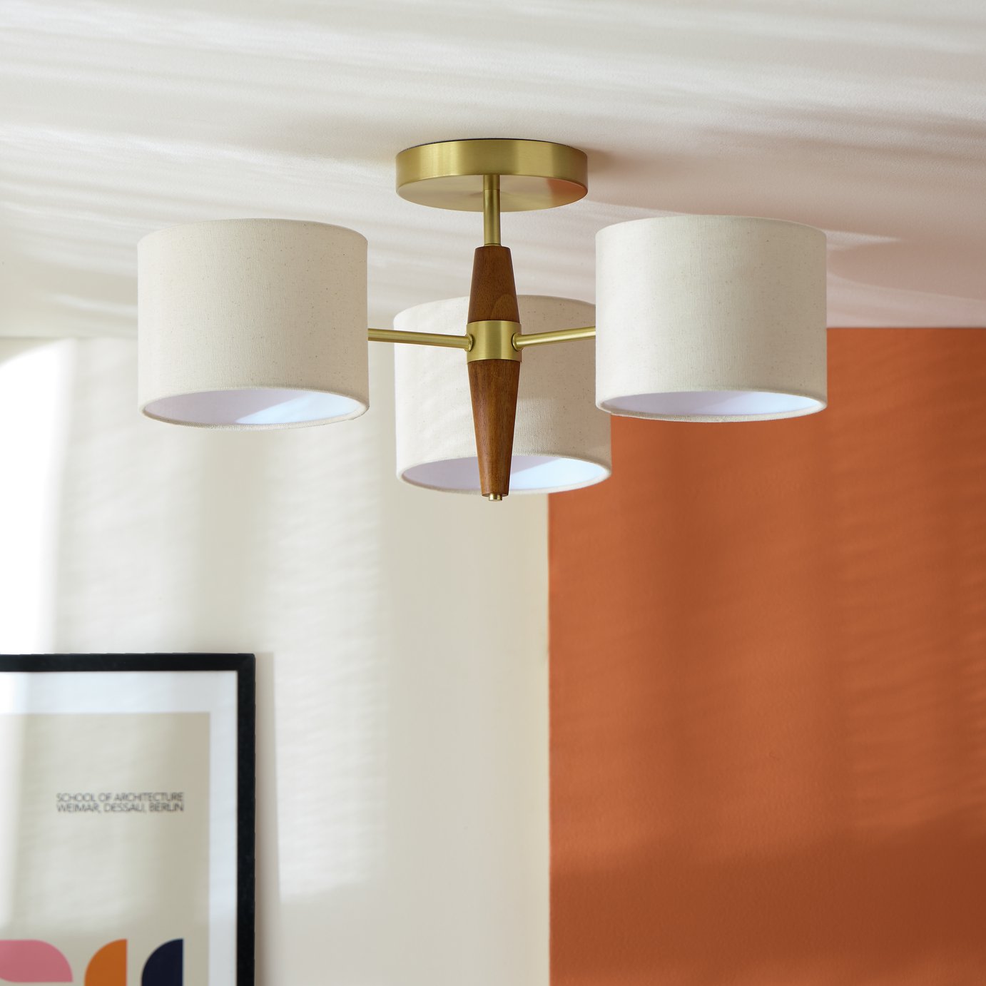 Century Wood 3 Light Flush Ceiling Light