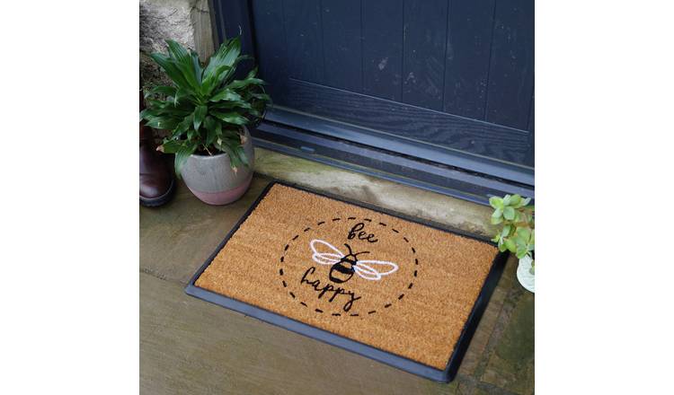 Mighty Mats Rubber Bee Happy Cut Pile Doormat - 40x60cm